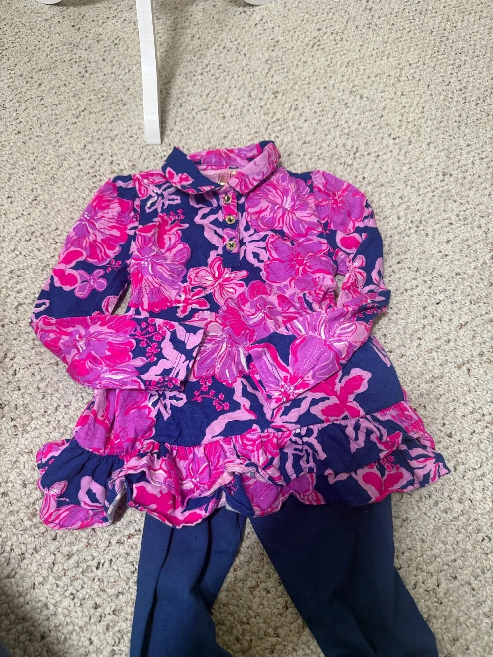 Lilly Pulitzer girls Pink Floral Tunic with Navy Leggings